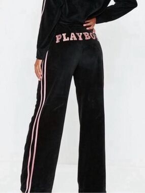 Playboy Black Velour Wide Leg Track Pants with Pink Trim + Embroidery
